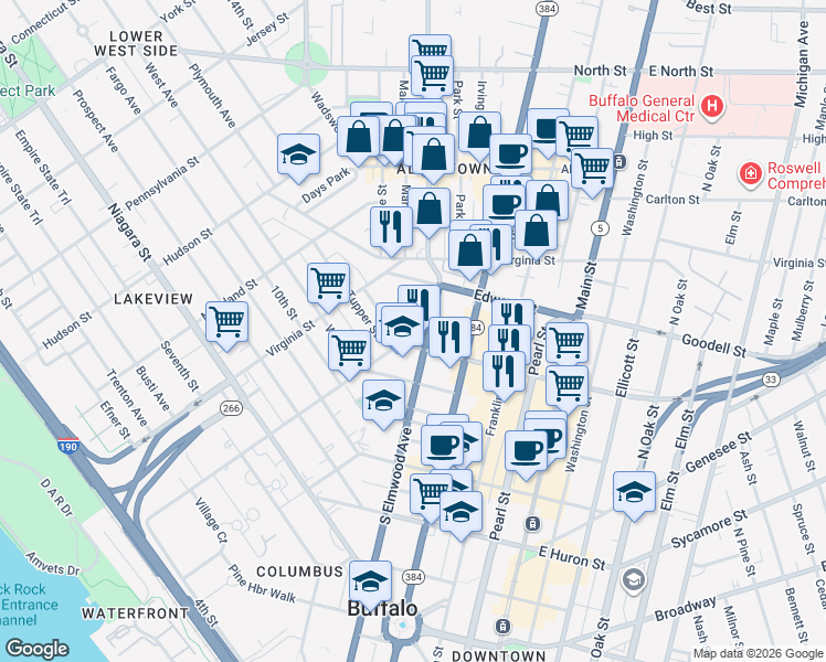 map of restaurants, bars, coffee shops, grocery stores, and more near 47 Trinity Place in Buffalo
