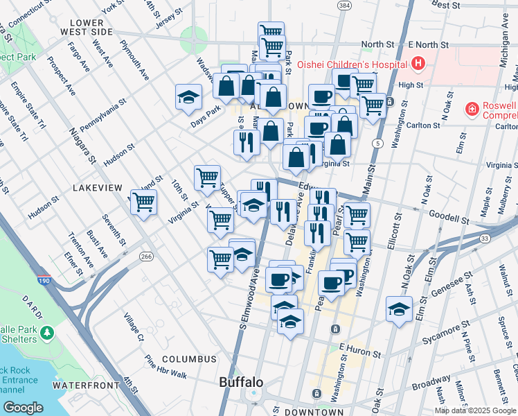 map of restaurants, bars, coffee shops, grocery stores, and more near 47 Trinity Place in Buffalo