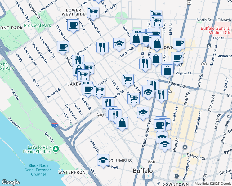 map of restaurants, bars, coffee shops, grocery stores, and more near 86 West Avenue in Buffalo