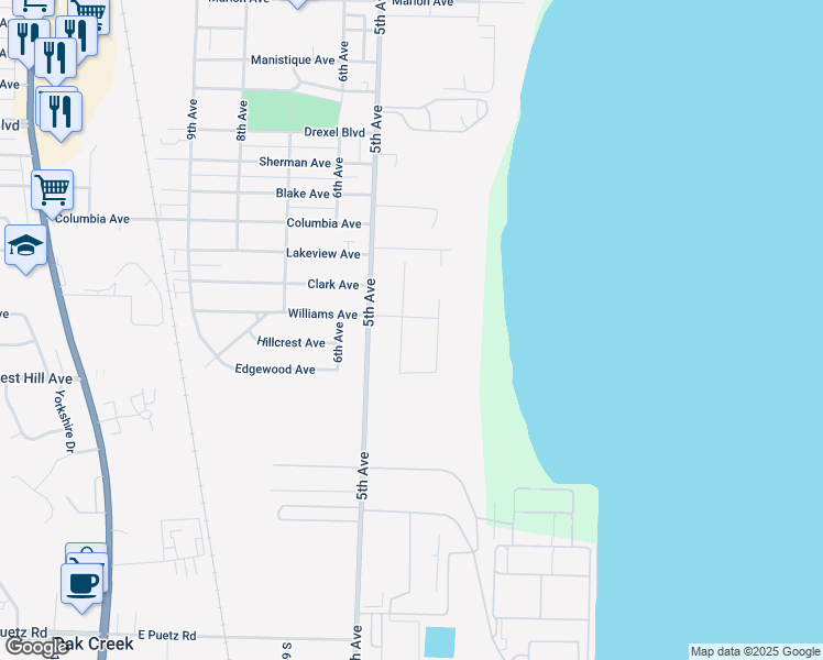 map of restaurants, bars, coffee shops, grocery stores, and more near 312 Williams Avenue in South Milwaukee