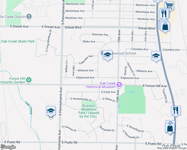 map of restaurants, bars, coffee shops, grocery stores, and more near 1600 Williams Avenue in South Milwaukee