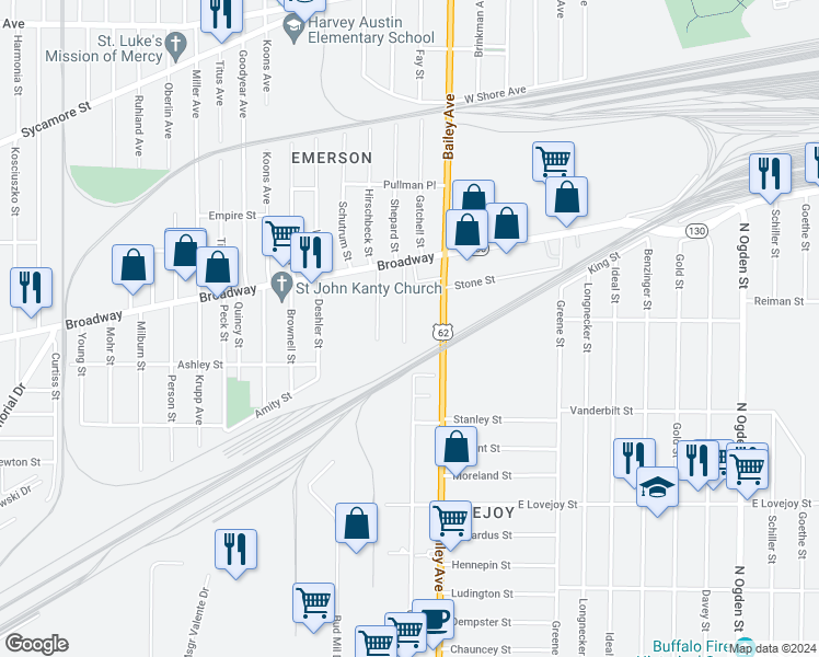 map of restaurants, bars, coffee shops, grocery stores, and more near 15 North Central Avenue in Buffalo