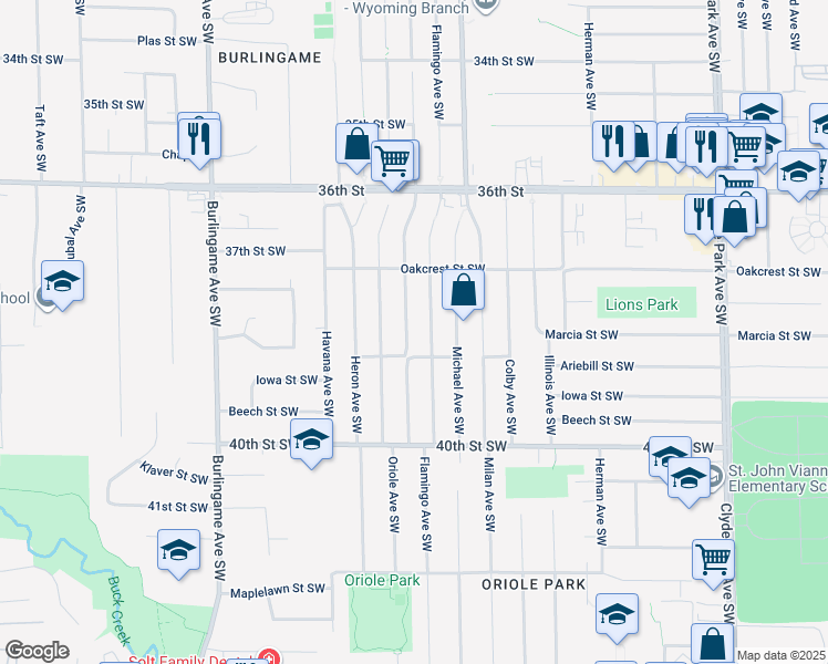 map of restaurants, bars, coffee shops, grocery stores, and more near 3737 Flamingo Avenue Southwest in Wyoming