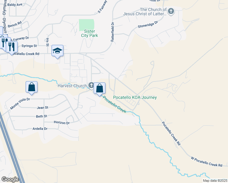 map of restaurants, bars, coffee shops, grocery stores, and more near 9234 North Anderson Lane in Pocatello