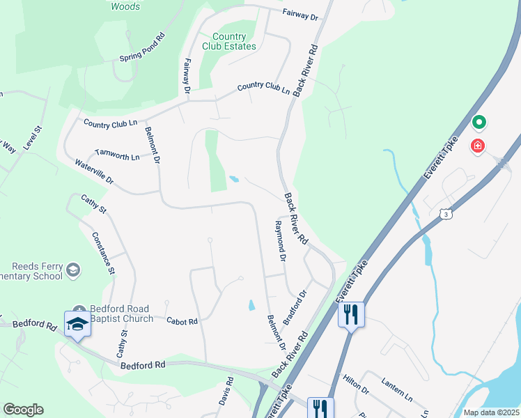 map of restaurants, bars, coffee shops, grocery stores, and more near 4 Ries Drive in Merrimack