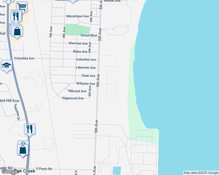 map of restaurants, bars, coffee shops, grocery stores, and more near 312 Williams Avenue in South Milwaukee