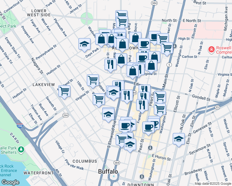 map of restaurants, bars, coffee shops, grocery stores, and more near 47 Trinity Place in Buffalo