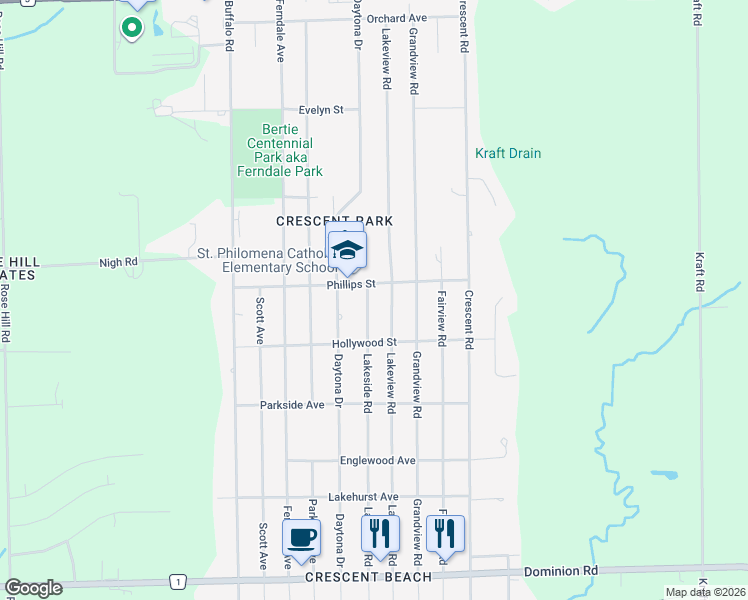 map of restaurants, bars, coffee shops, grocery stores, and more near 708 Lakeside Road in Fort Erie