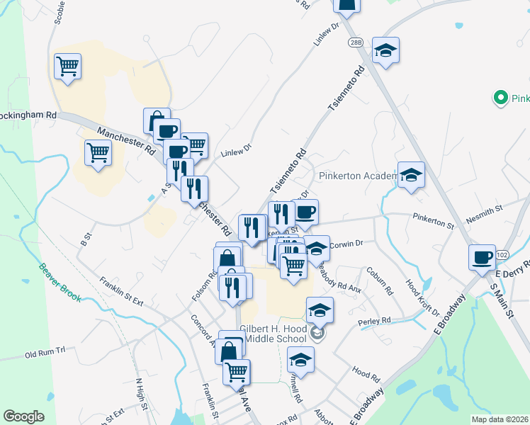 map of restaurants, bars, coffee shops, grocery stores, and more near 3 Tsienneto Road in Derry