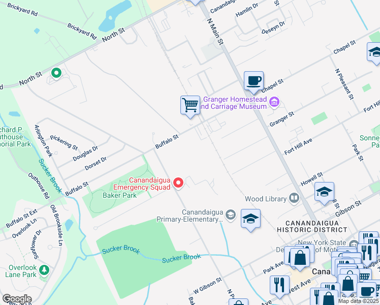 map of restaurants, bars, coffee shops, grocery stores, and more near 97 Buffalo Street in Canandaigua
