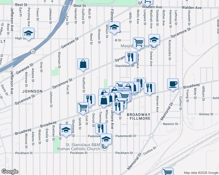 map of restaurants, bars, coffee shops, grocery stores, and more near 378 Wilson Street in Buffalo