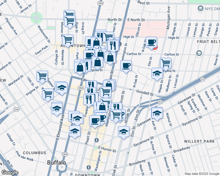 map of restaurants, bars, coffee shops, grocery stores, and more near 779 Main Street in Buffalo