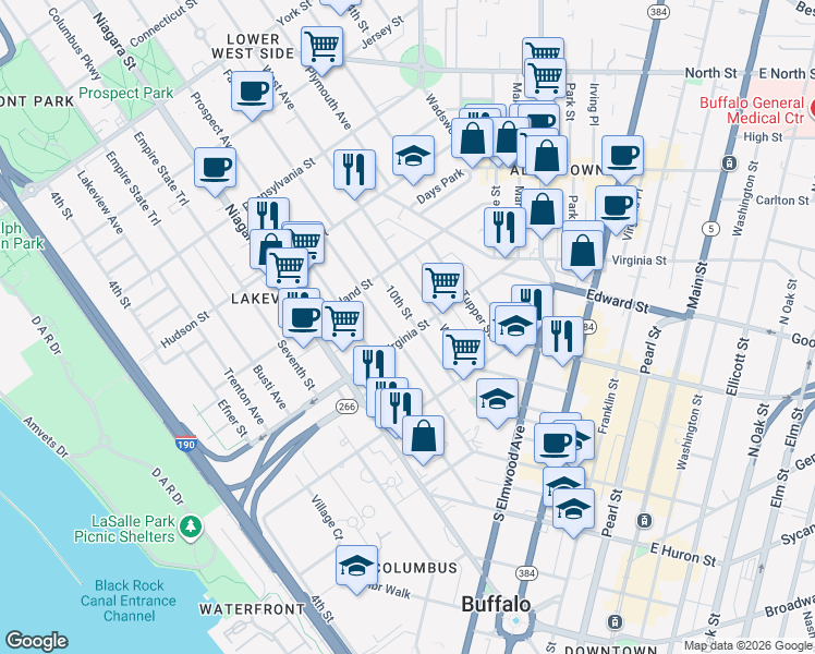 map of restaurants, bars, coffee shops, grocery stores, and more near 86 West Avenue in Buffalo