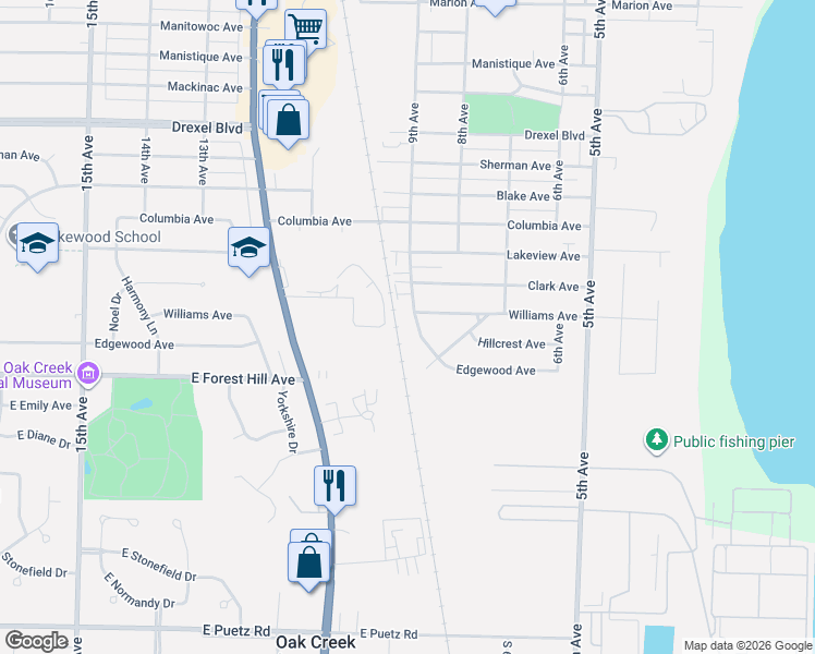 map of restaurants, bars, coffee shops, grocery stores, and more near 3616 9th Avenue in South Milwaukee
