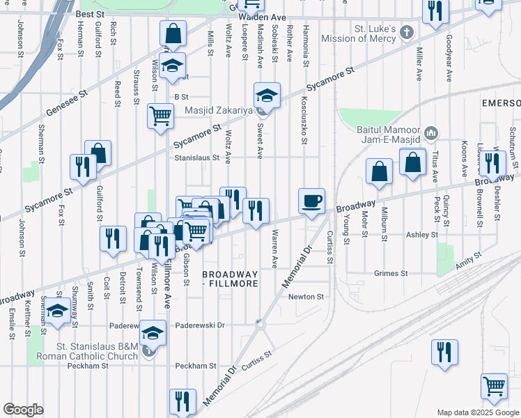 map of restaurants, bars, coffee shops, grocery stores, and more near 192 Sweet Avenue in Buffalo