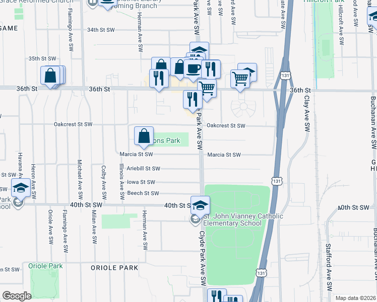 map of restaurants, bars, coffee shops, grocery stores, and more near 3759 Clyde Park Avenue Southwest in Wyoming
