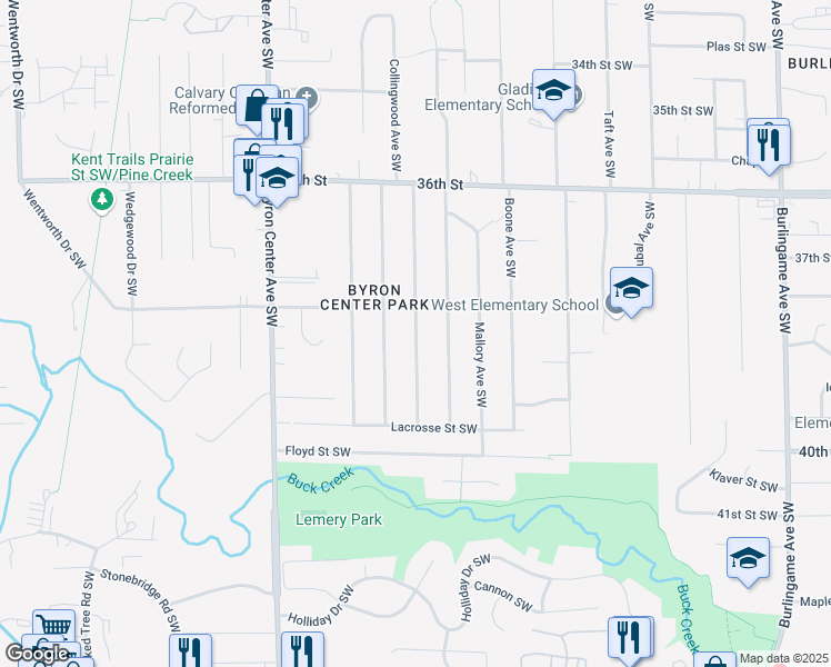 map of restaurants, bars, coffee shops, grocery stores, and more near 5950 Metro Way in Wyoming