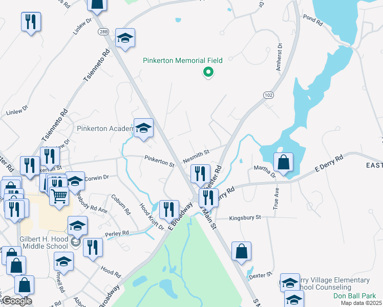map of restaurants, bars, coffee shops, grocery stores, and more near 15 North Main Street in Derry