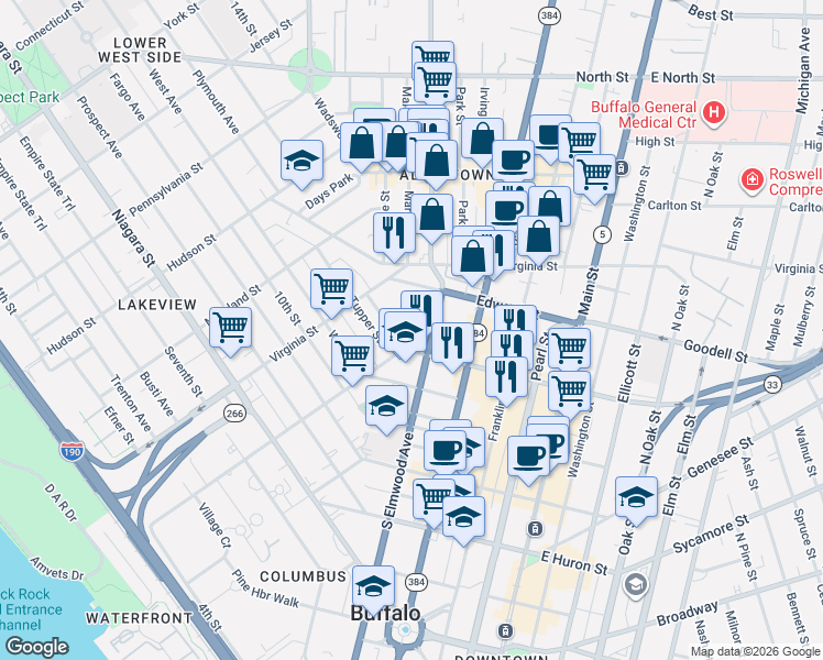 map of restaurants, bars, coffee shops, grocery stores, and more near 47 Trinity Place in Buffalo