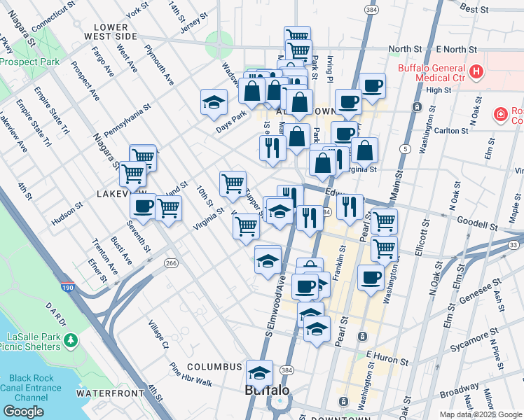 map of restaurants, bars, coffee shops, grocery stores, and more near 95 Trinity Place in Buffalo