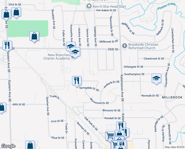 map of restaurants, bars, coffee shops, grocery stores, and more near 3744 Senora Avenue Southeast in Grand Rapids