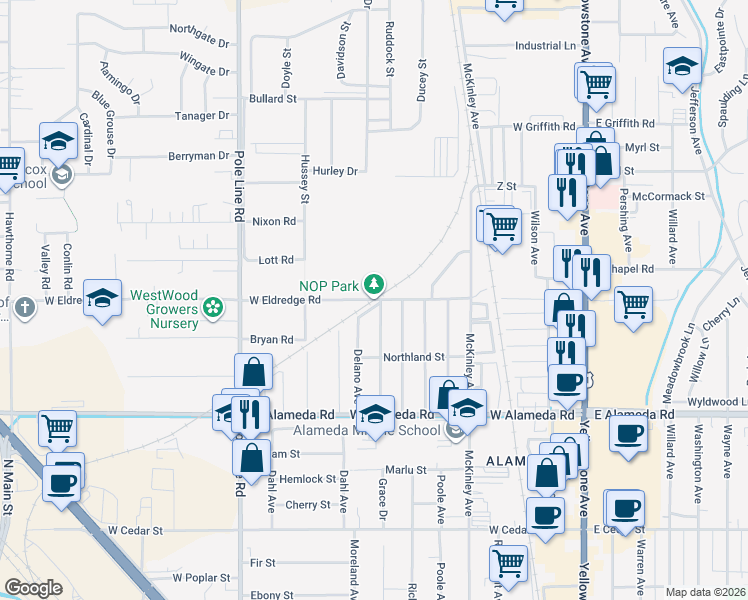 map of restaurants, bars, coffee shops, grocery stores, and more near 684 West Eldredge Road in Pocatello
