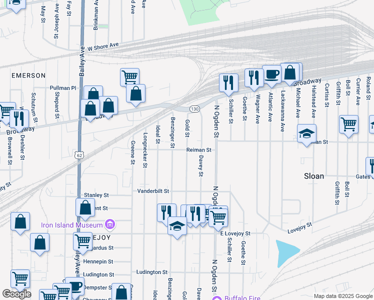 map of restaurants, bars, coffee shops, grocery stores, and more near Reiman St & Gold St in Buffalo