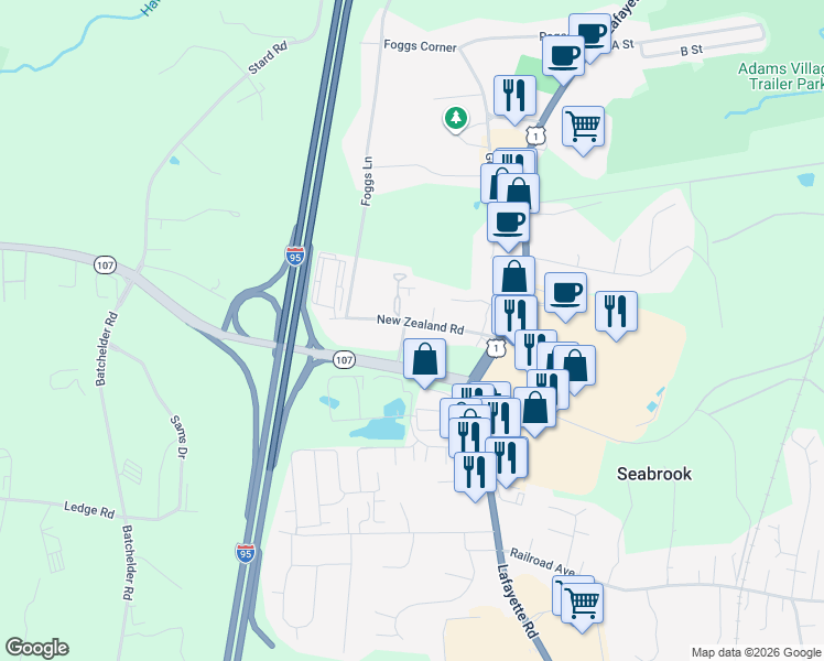 map of restaurants, bars, coffee shops, grocery stores, and more near 35 New Zealand Road in Seabrook