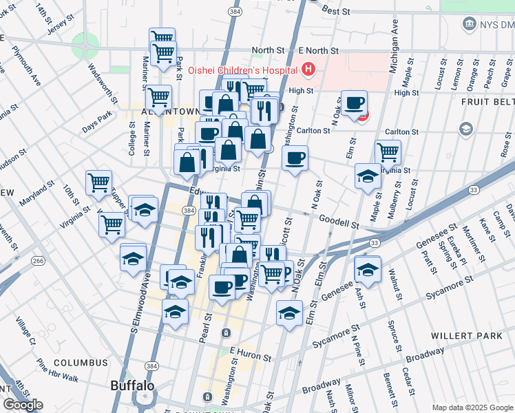 map of restaurants, bars, coffee shops, grocery stores, and more near 779 Main Street in Buffalo