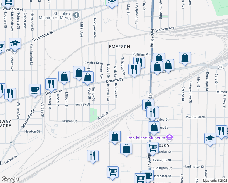 map of restaurants, bars, coffee shops, grocery stores, and more near 80 Deshler Street in Buffalo