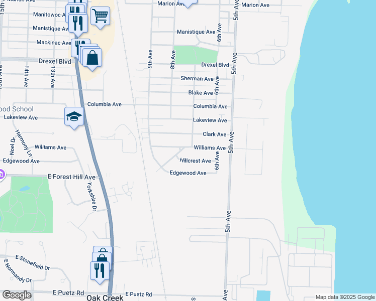 map of restaurants, bars, coffee shops, grocery stores, and more near 703 Williams Avenue in South Milwaukee