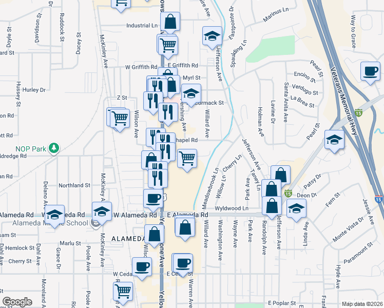 map of restaurants, bars, coffee shops, grocery stores, and more near 279 East Chapel Road in Pocatello