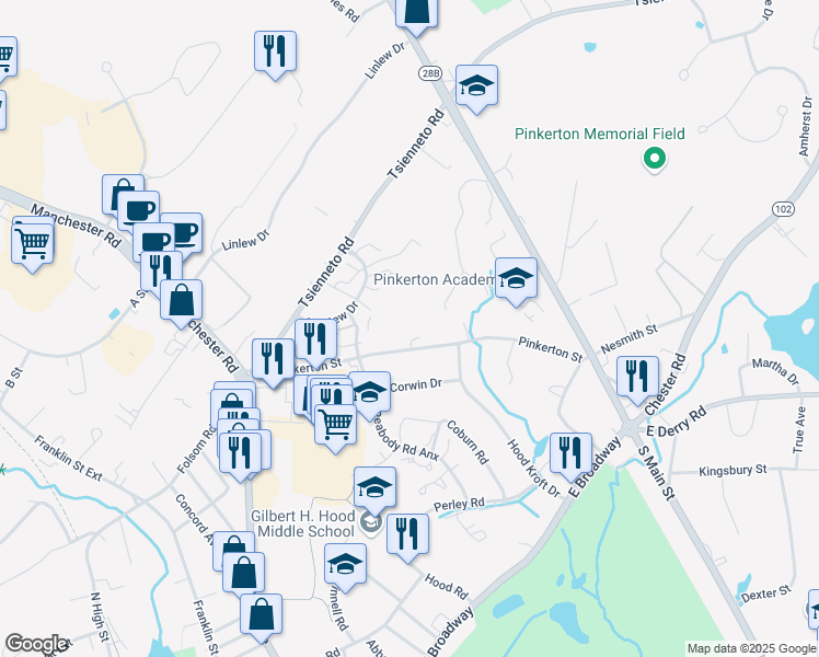 map of restaurants, bars, coffee shops, grocery stores, and more near 3 Fairfax Avenue in Derry