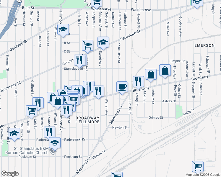 map of restaurants, bars, coffee shops, grocery stores, and more near 41 Sobieski Street in Buffalo