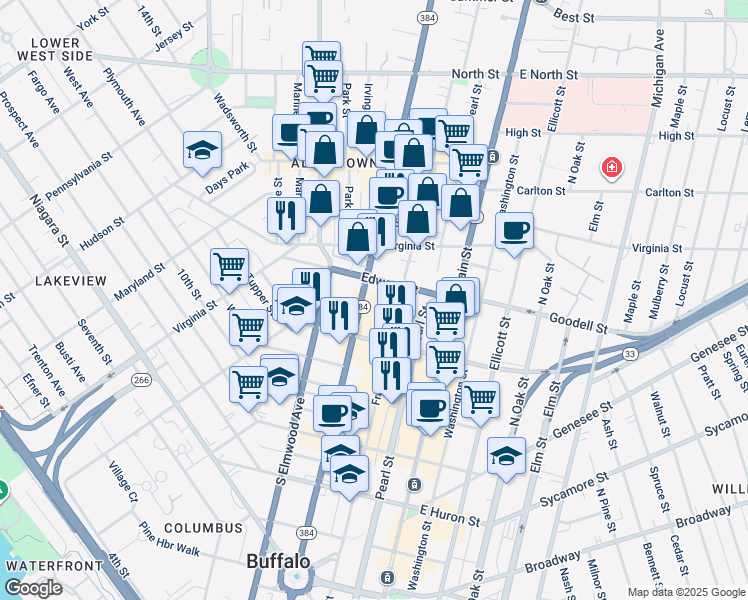 map of restaurants, bars, coffee shops, grocery stores, and more near 78 Edward Street in Buffalo