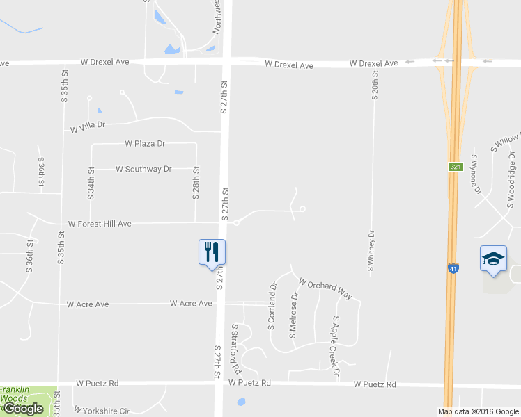 map of restaurants, bars, coffee shops, grocery stores, and more near 2480 West Colonial Woods Drive in Oak Creek
