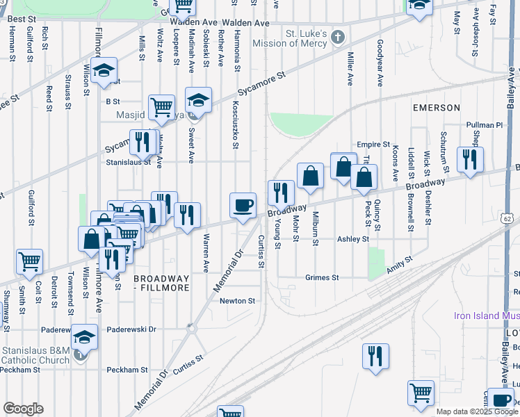map of restaurants, bars, coffee shops, grocery stores, and more near 1224 Broadway in Buffalo