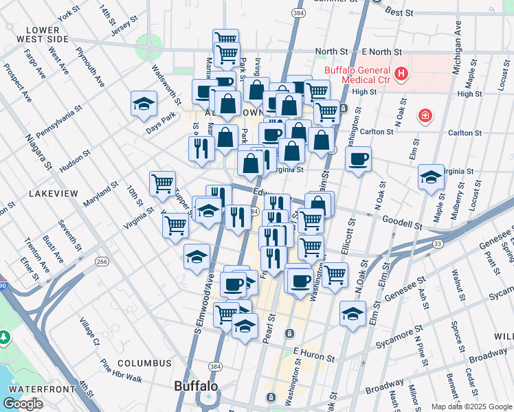 map of restaurants, bars, coffee shops, grocery stores, and more near 395 Delaware Avenue in Buffalo