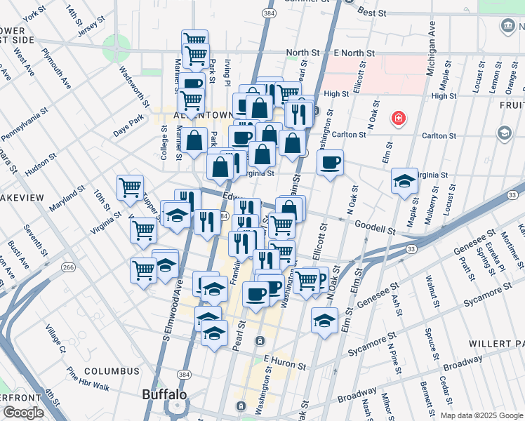 map of restaurants, bars, coffee shops, grocery stores, and more near 41 Edward Street in Buffalo