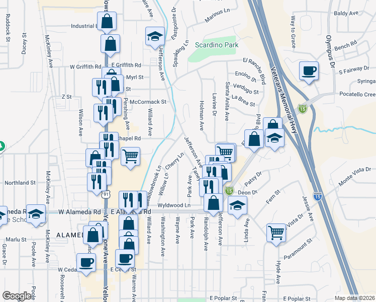 map of restaurants, bars, coffee shops, grocery stores, and more near 1000 Taney Lane in Pocatello