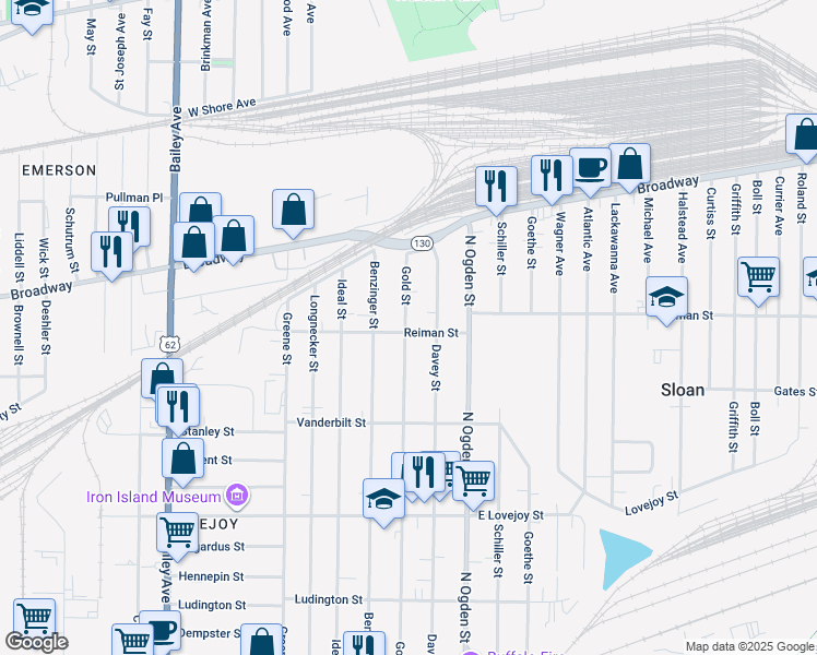 map of restaurants, bars, coffee shops, grocery stores, and more near 126 Reiman Street in Buffalo