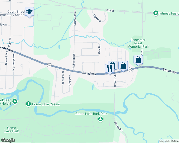 map of restaurants, bars, coffee shops, grocery stores, and more near 5772 Broadway in Lancaster