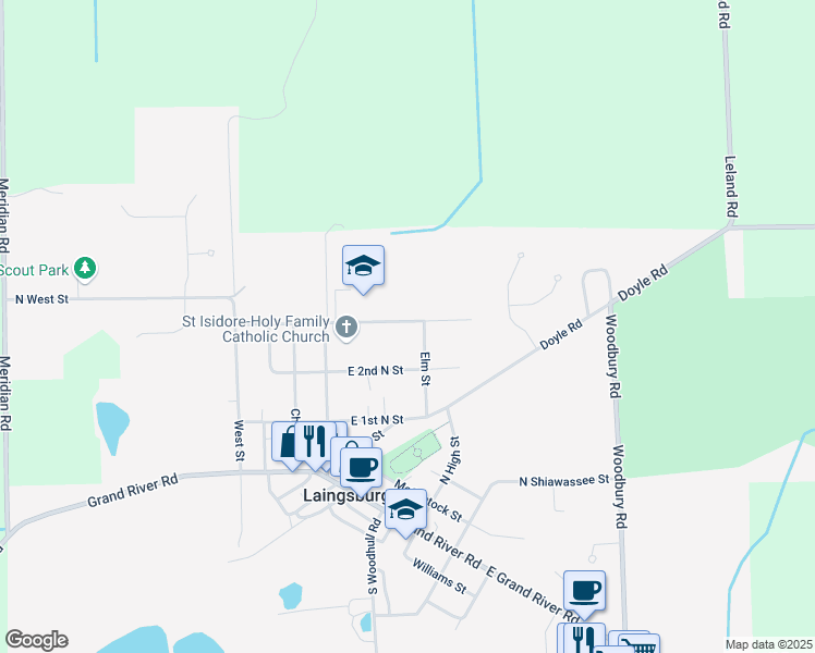 map of restaurants, bars, coffee shops, grocery stores, and more near 350 Prospect Street in Laingsburg