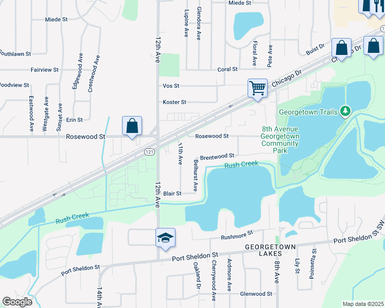 map of restaurants, bars, coffee shops, grocery stores, and more near 1085 Brentwood Street in Georgetown Township