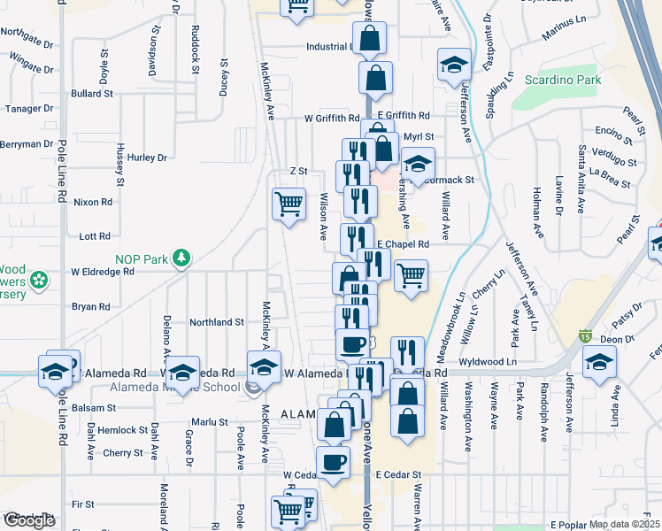 map of restaurants, bars, coffee shops, grocery stores, and more near 901-1299 West Chapel Road in Pocatello