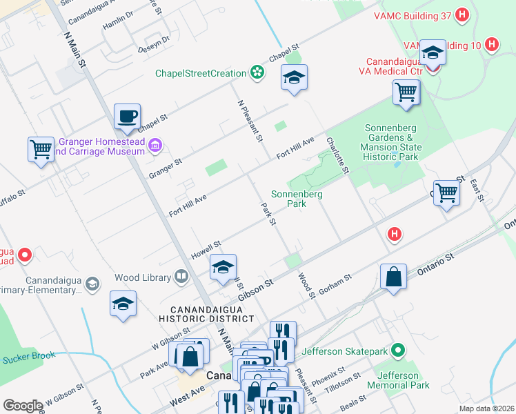 map of restaurants, bars, coffee shops, grocery stores, and more near 177 Park Street in Canandaigua