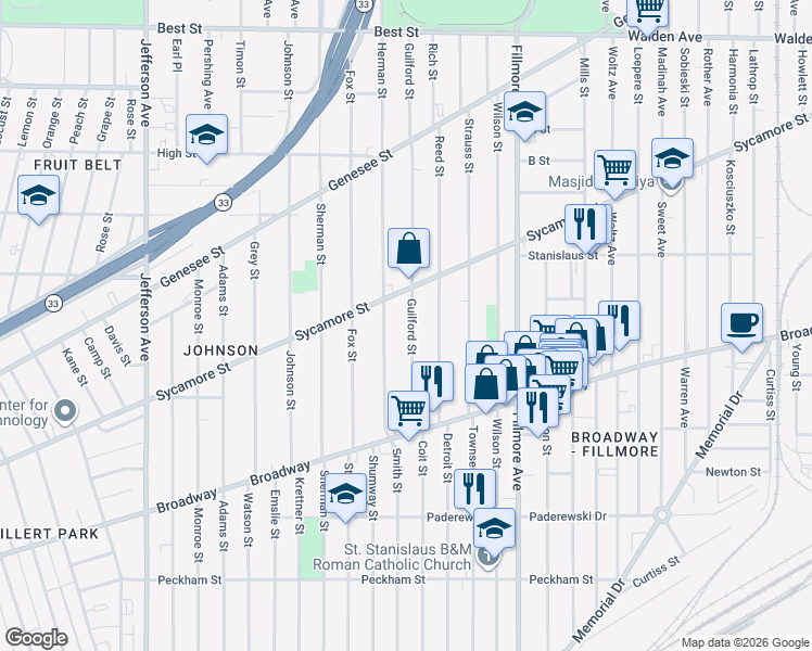 map of restaurants, bars, coffee shops, grocery stores, and more near 123 Guilford Street in Buffalo