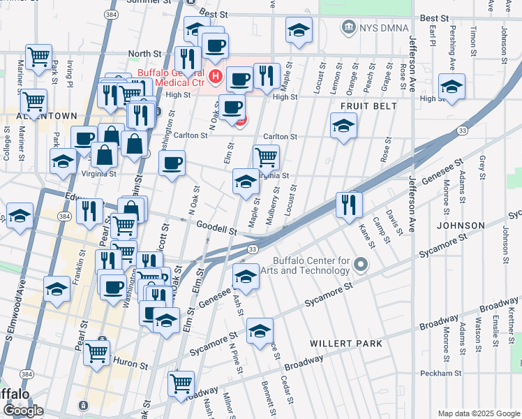 map of restaurants, bars, coffee shops, grocery stores, and more near 833 Michigan Avenue in Buffalo