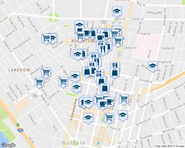 map of restaurants, bars, coffee shops, grocery stores, and more near 78 Edward Street in Buffalo