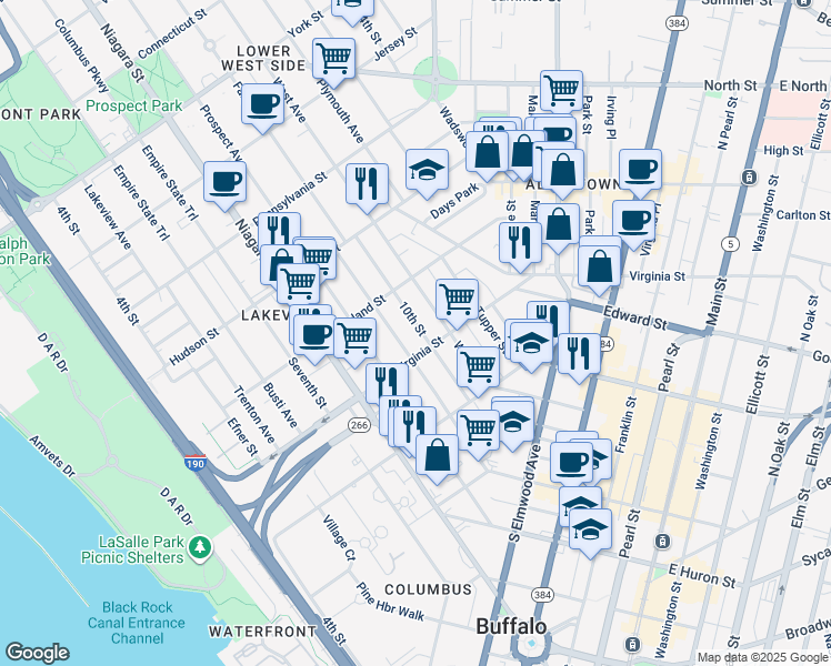map of restaurants, bars, coffee shops, grocery stores, and more near 86 West Avenue in Buffalo